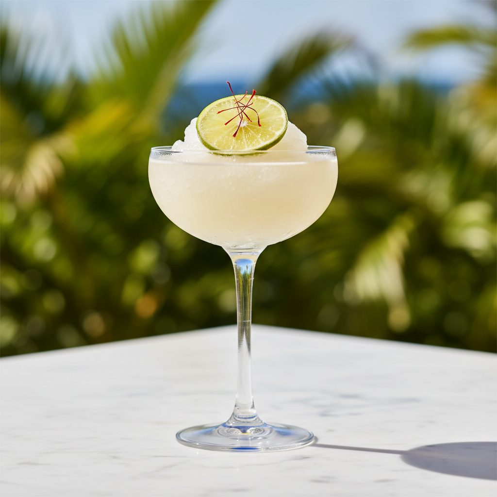 Frozen Kahwa Daiquiri — Rum-based frozen cocktail with saffron tea and lime