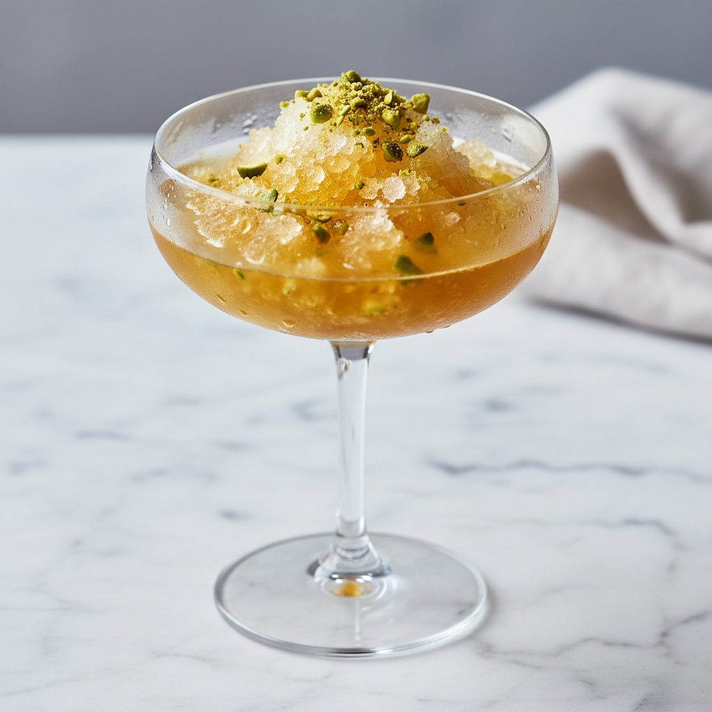 Kashmiri Kahwa Granita — Frozen saffron tea dessert with pistachios