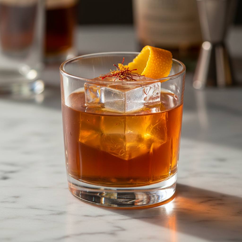Kashmiri Tea Negroni — Botanical gin cocktail softened with saffron tea infusion
