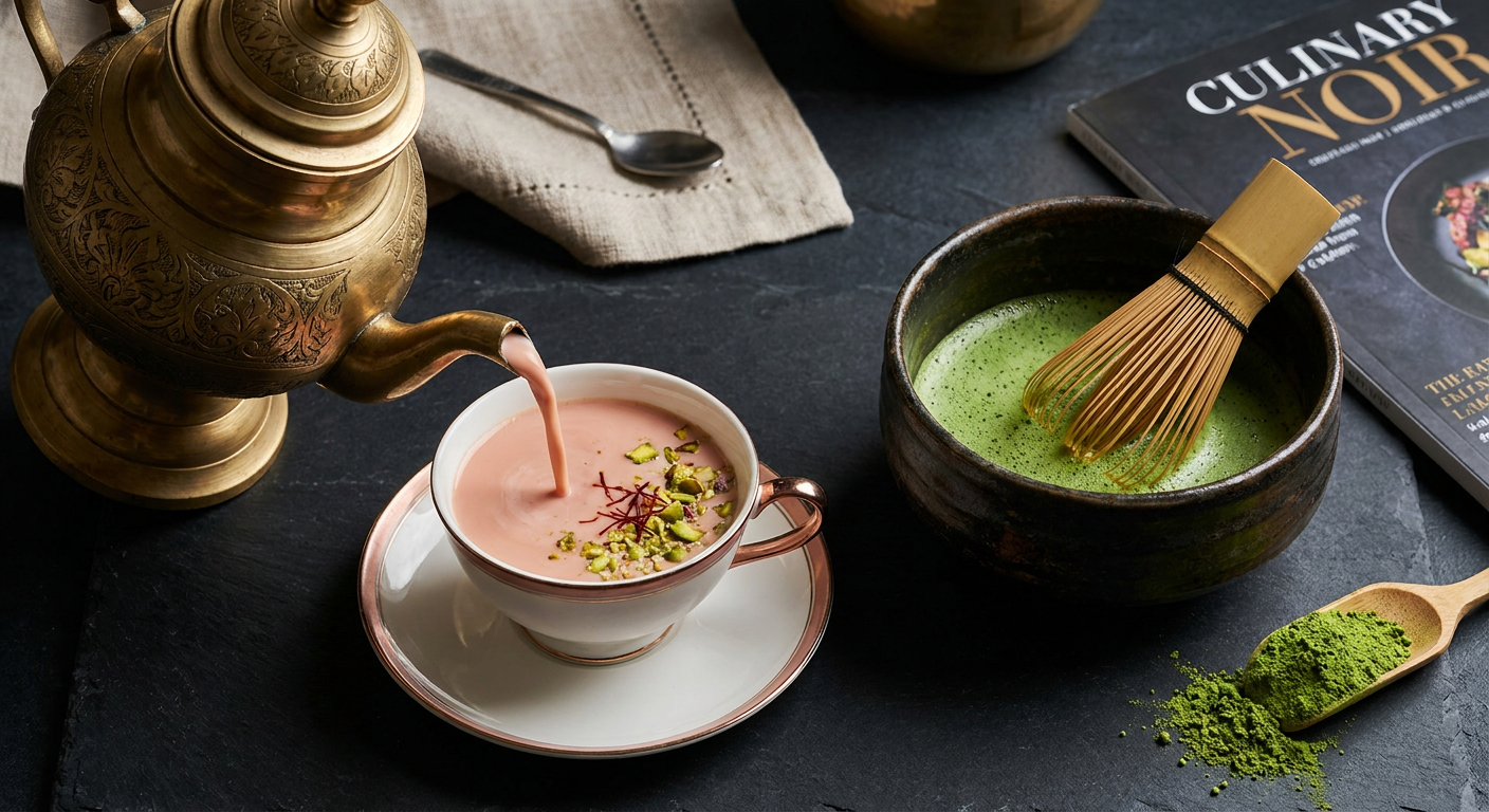 A traditional Kashmiri brass samovar pouring creamy pink Noon Chai next to a Japanese matcha bowl with emerald green tea
