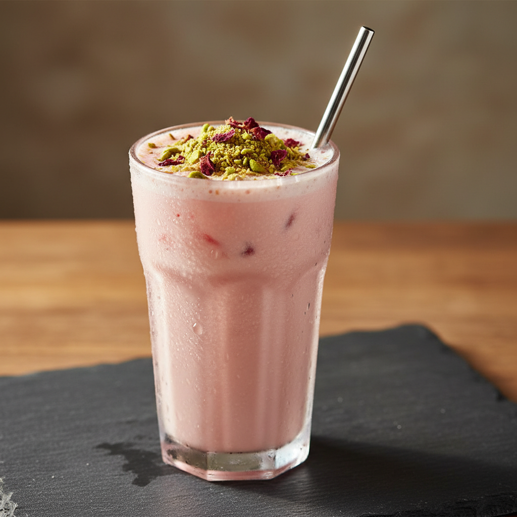 Rose Pistachio Pink Tea Cooler made with Param Kesar® Kashmiri saffron