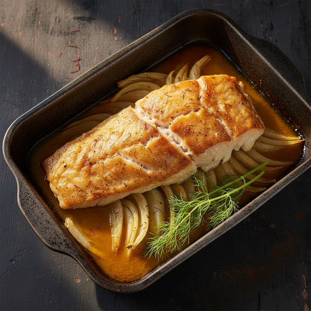 Saffron Butter Roasted Cod with Fennel — Param Kesar® Kashmiri Mongra recipe