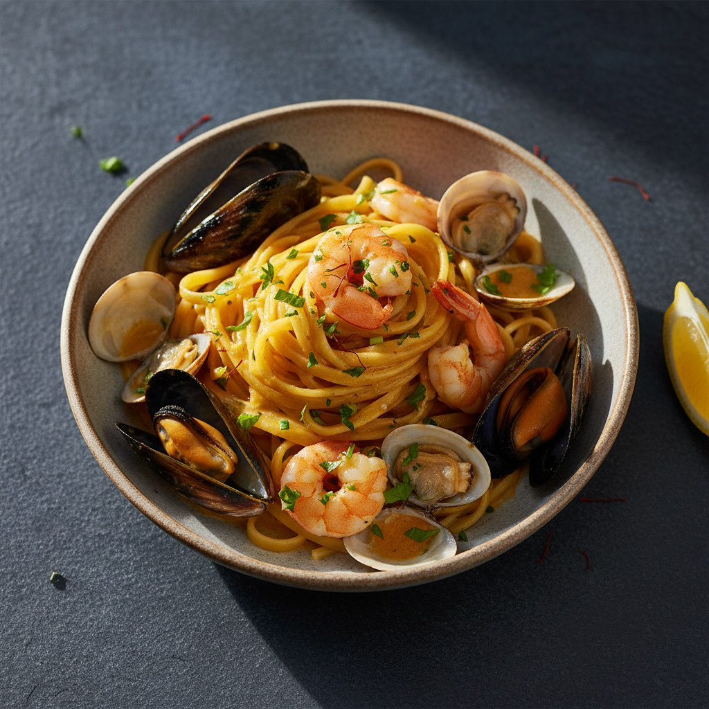 Saffron Seafood Pasta: A Golden Tide of Flavor — Param Kesar® Kashmiri Mongra recipe
