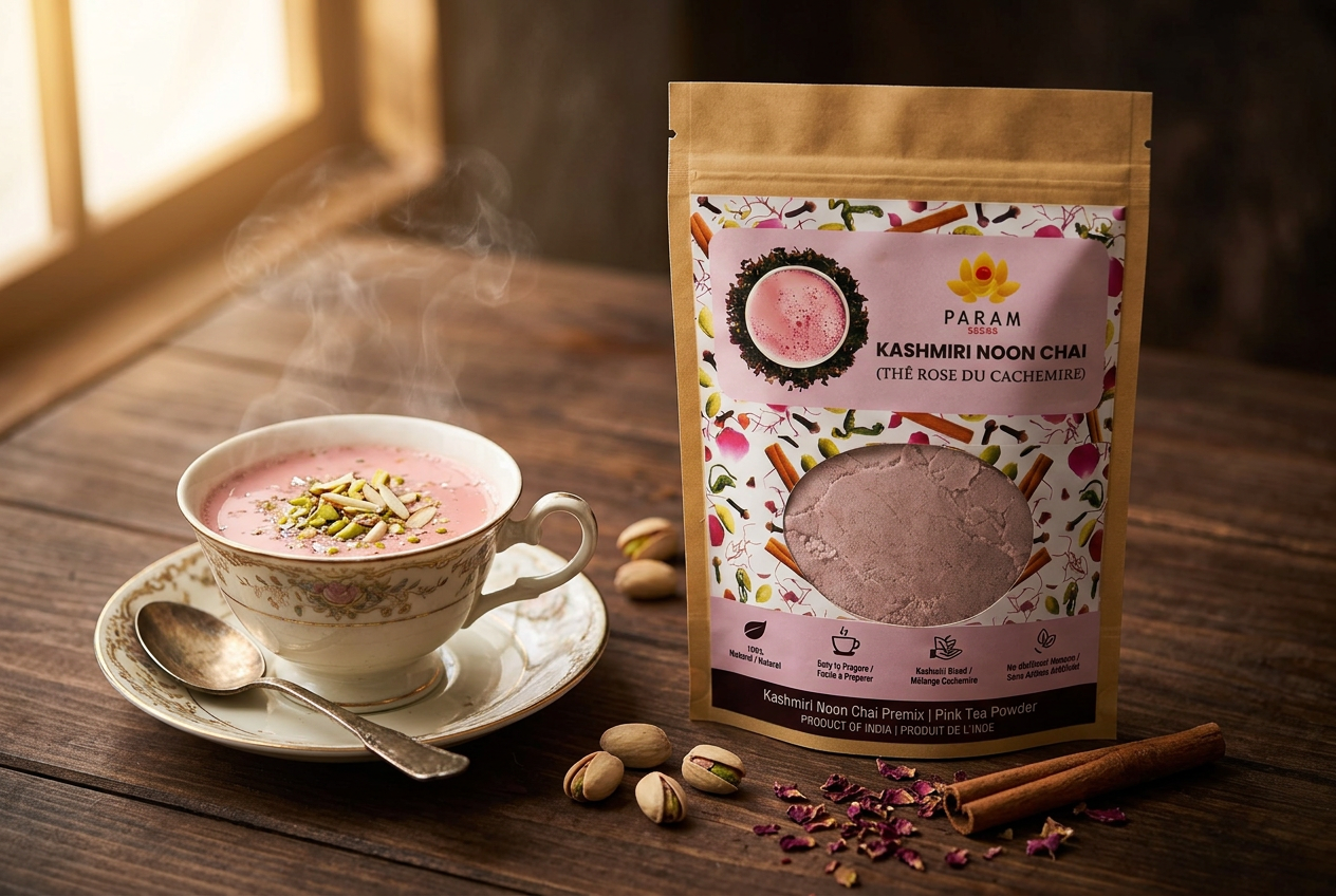 Param Kesar® Kashmiri Noon Chai package on a walnut table beside a vintage porcelain cup of steaming pink tea garnished with pistachios, with cinnamon and rose petals