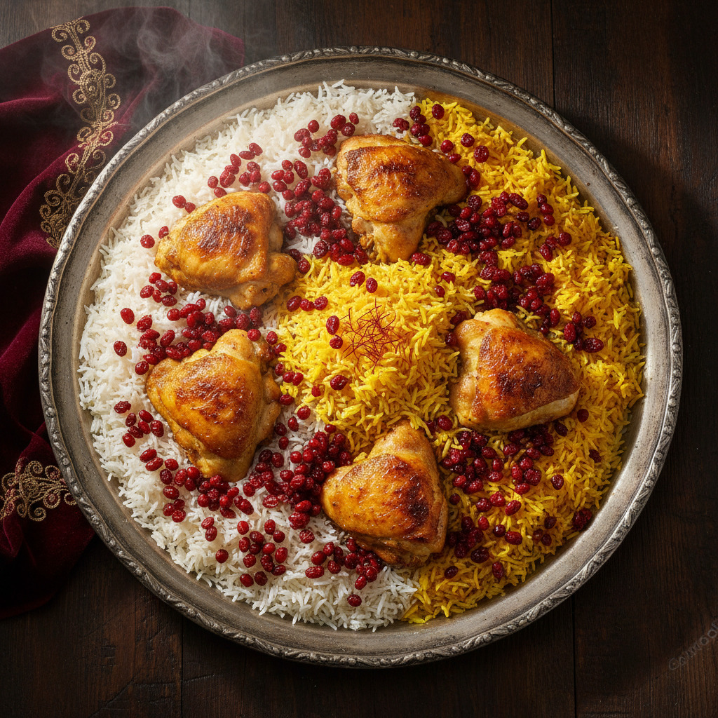 Zereshk Polo Morgh: Persian Barberry Rice with Saffron Chicken — Param Kesar® Kashmiri Mongra recipe